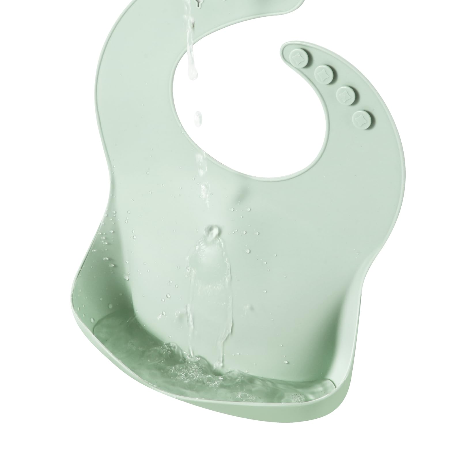 PandaEar pink bib catching mess in deep pocket during solids