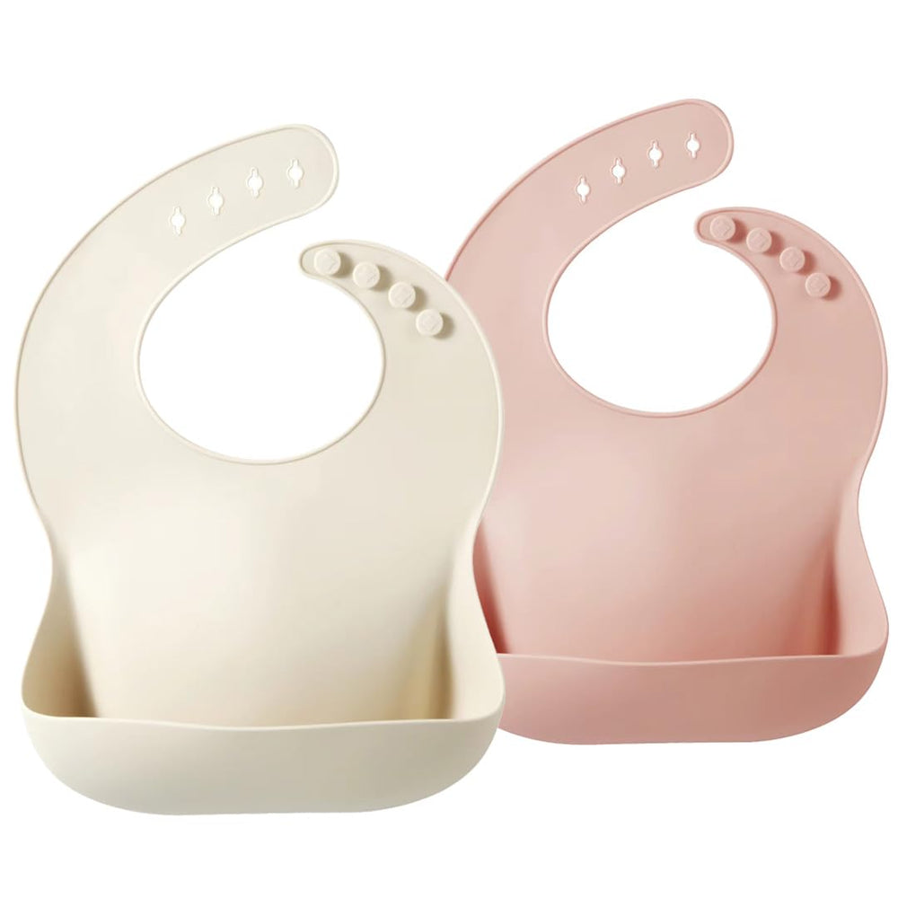 PandaEar pink tawny bib on toddler catching crumbs for mess-free meals