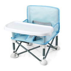 PandaEar portable booster seat with tray, closed for compact travel use.