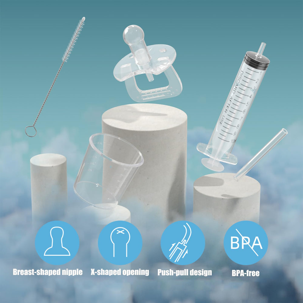 PandaEar push syringe for older infants avoiding contact with taste buds during feeding.