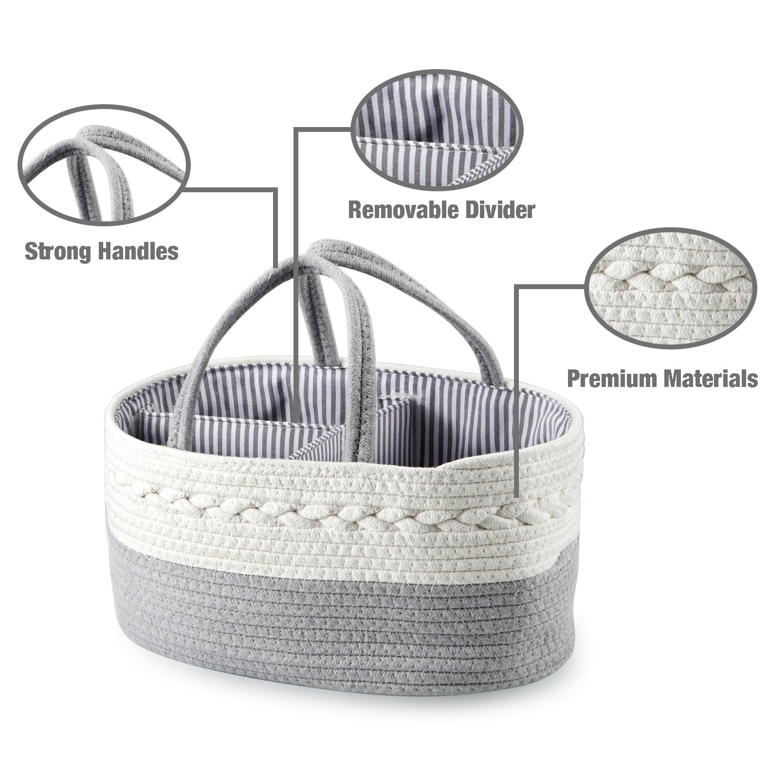 PandaEar rope diaper caddy close-up highlights soft-touch fabric for baby handling.