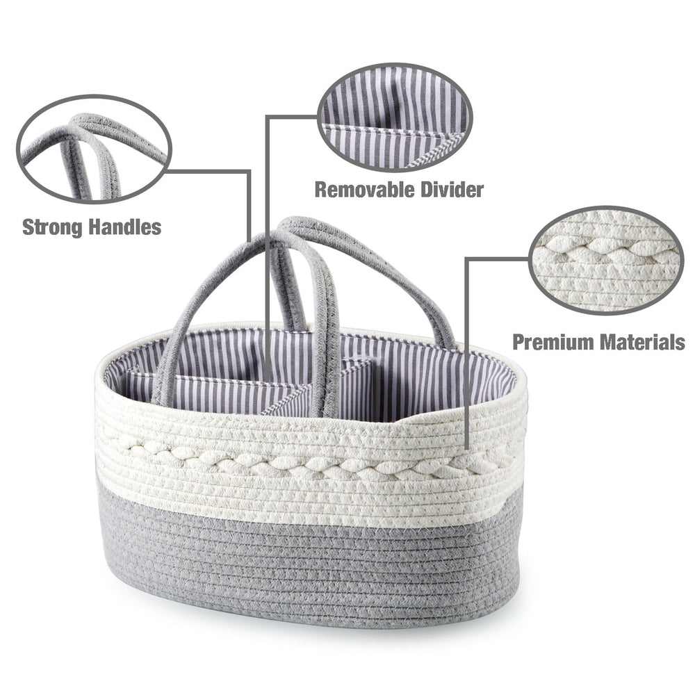 PandaEar rope diaper caddy close-up highlights soft-touch fabric for baby handling.