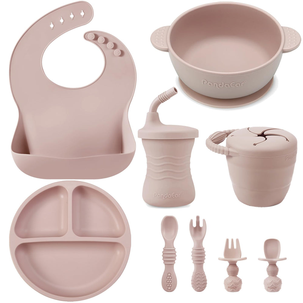PandaEar silicone baby feeding set bowl suction pink reduces spills during meals