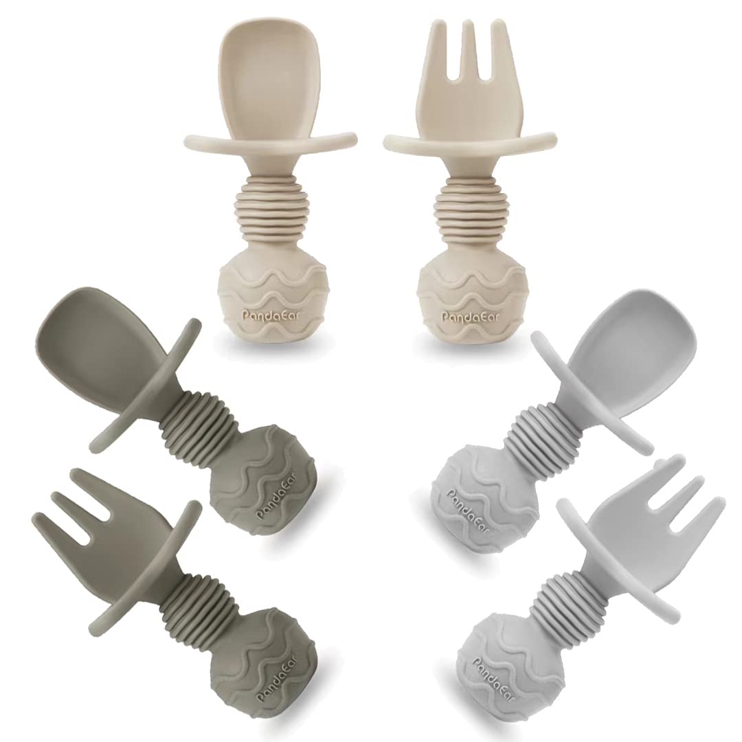 PandaEar silicone baby spoons and forks with anti-choke barrier for safe self-feeding.