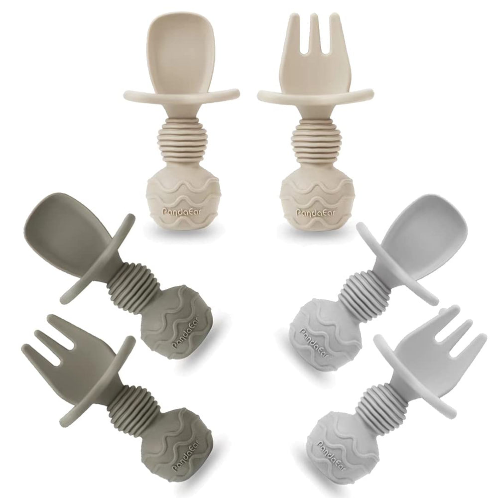 PandaEar silicone baby spoons and forks with anti-choke barrier for safe self-feeding.