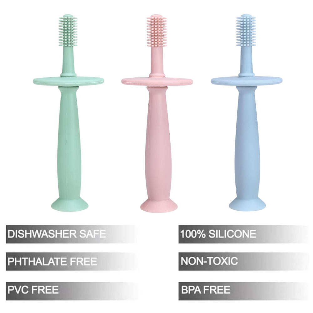 PandaEar silicone baby toothbrush teether is being cleaned under running water after use.