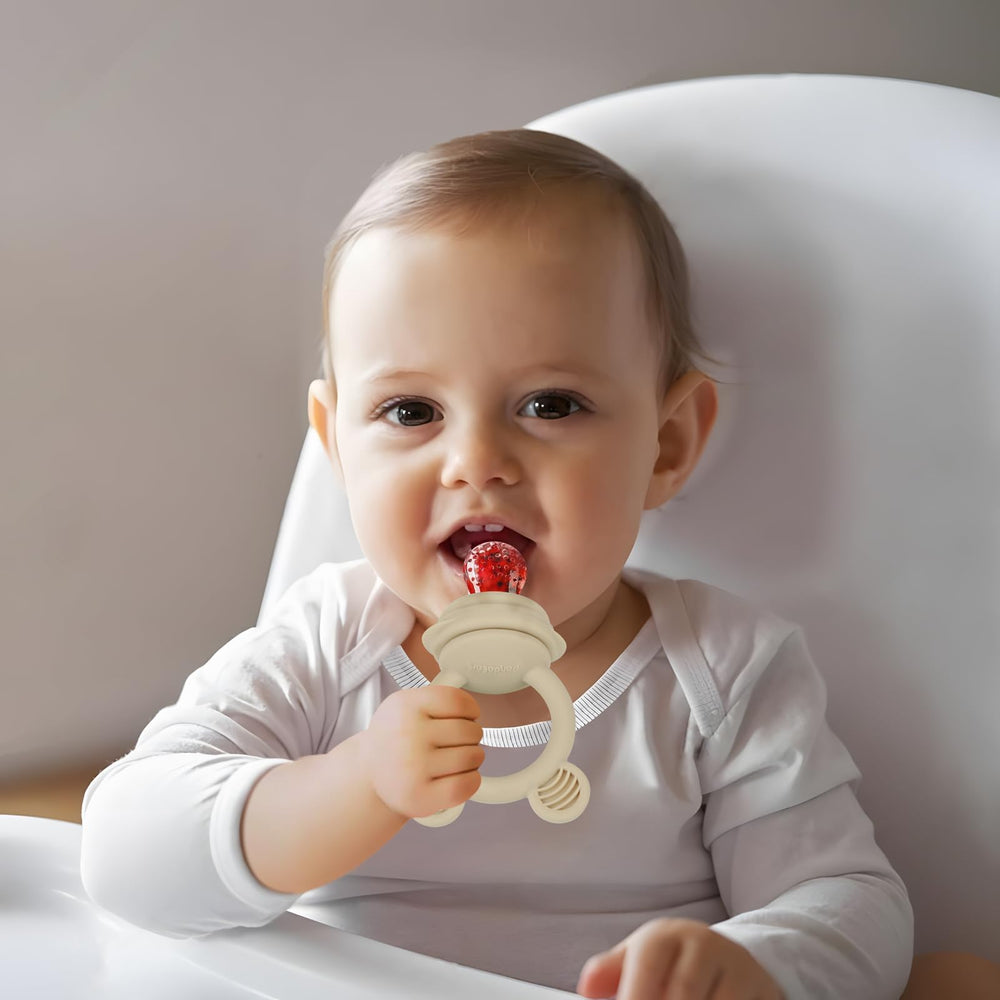 PandaEar silicone feeder with teething texture helps soothe gums during fruit feeding