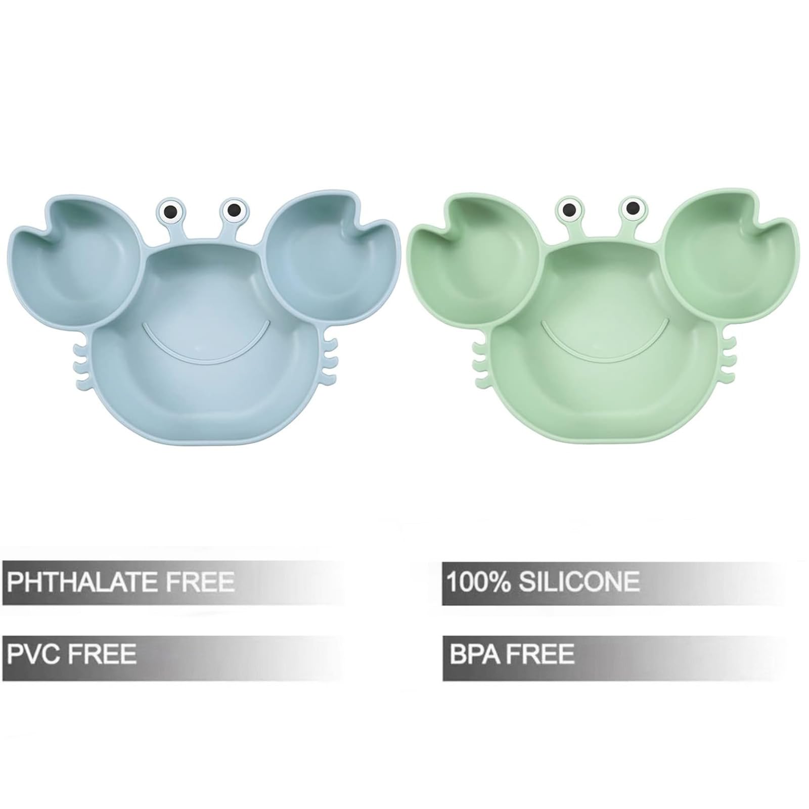 PandaEar silicone suction plate green crab—3-section divided design promotes balanced meals.