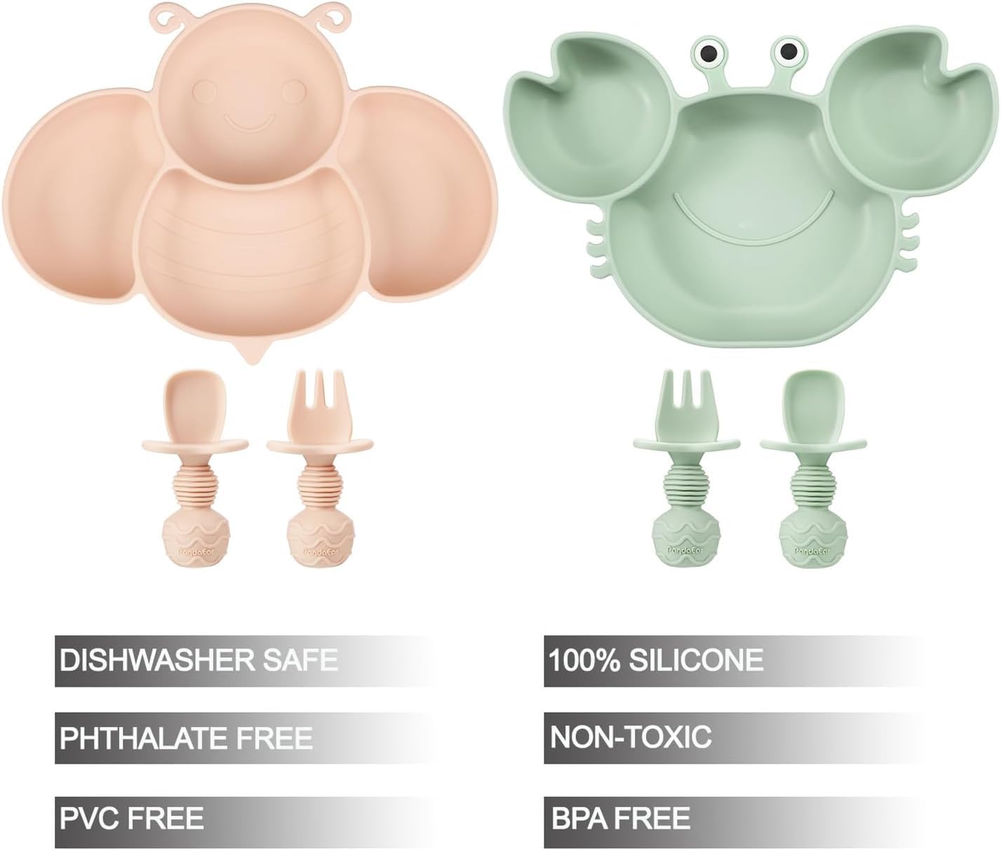 PandaEar silicone suction plates in pink bee design prevent spills during meals.