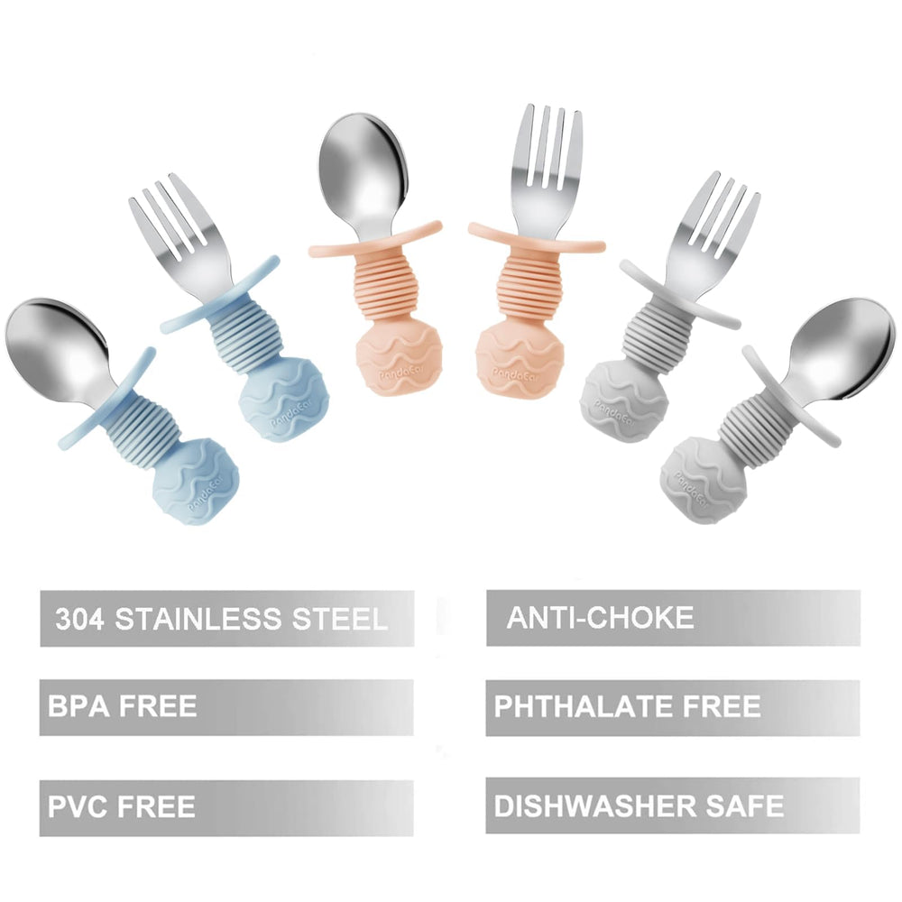 PandaEar spoon and fork with choke barrier design shown, providing extra mouth-safety for little eaters.
