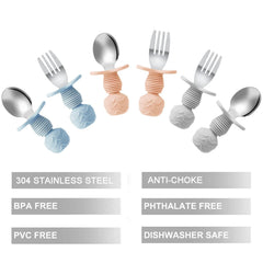 PandaEar spoon and fork with choke barrier design shown, providing extra mouth-safety for little eaters.