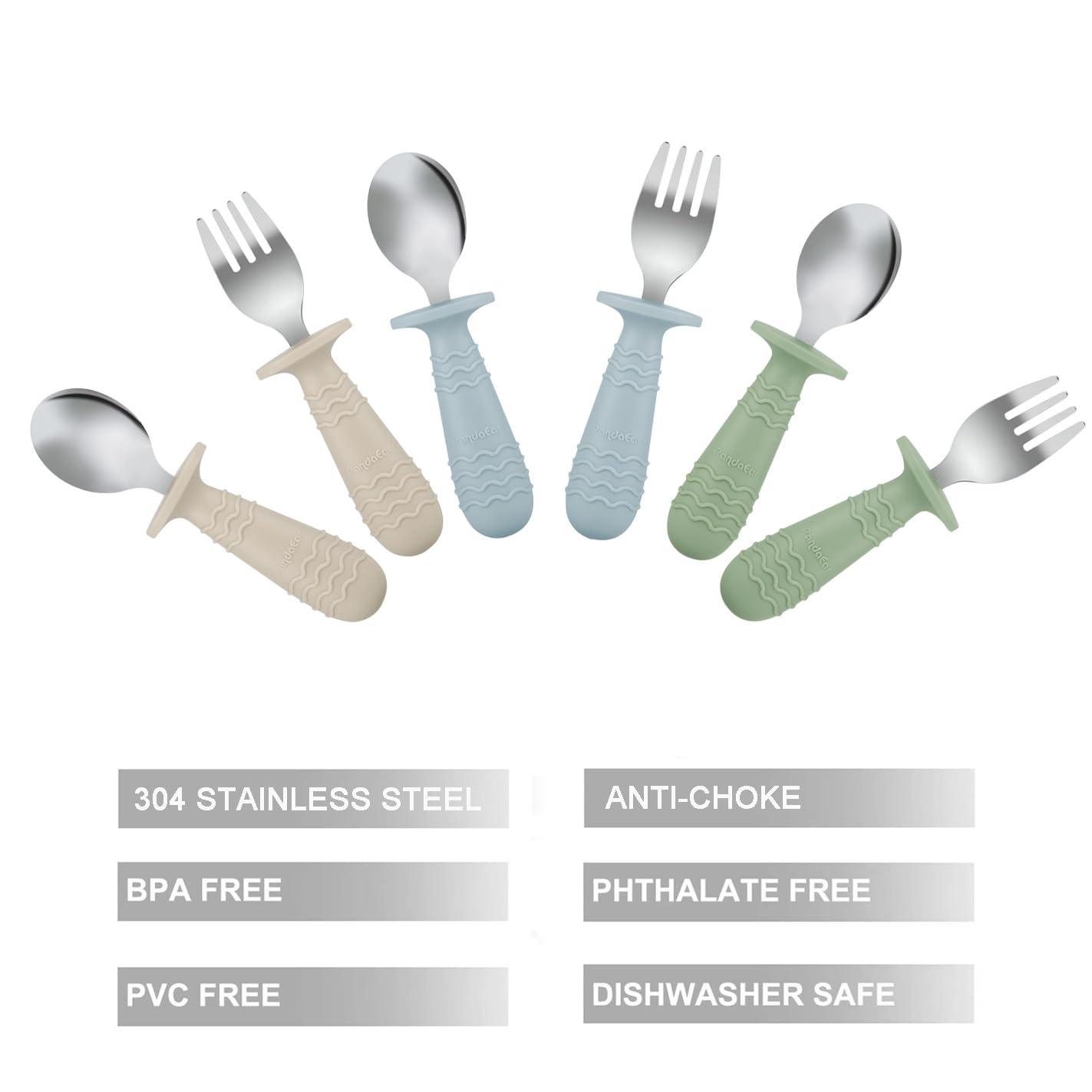 PandaEar stainless-steel baby utensils, dishwasher-safe for easy cleanup.
