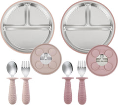 PandaEar stainless steel plates in pink keep meals tidy and durable.