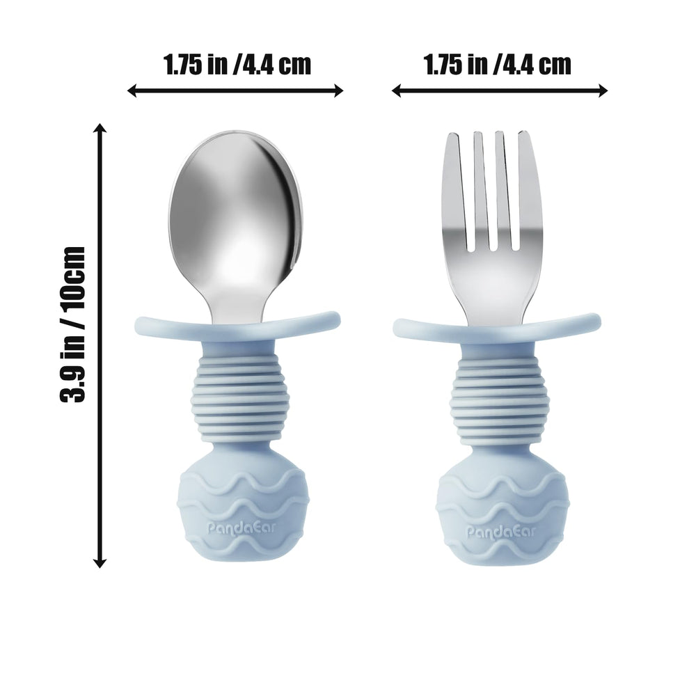 PandaEar utensils highlight ergonomic short rounded handles for easy grip during self-feeding sessions.
