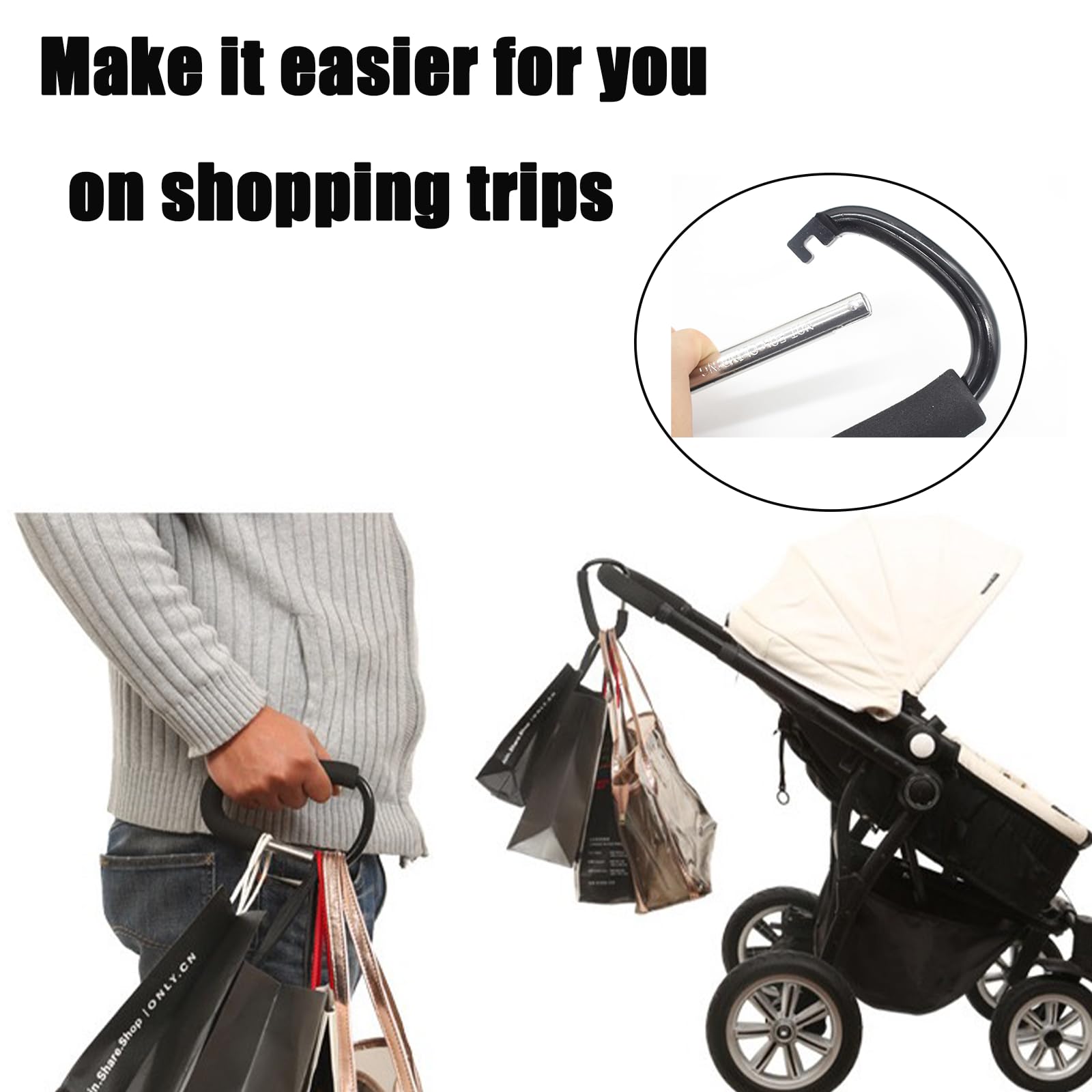 PandaEar stroller hooks used with groceries and backpacks for easy organization.