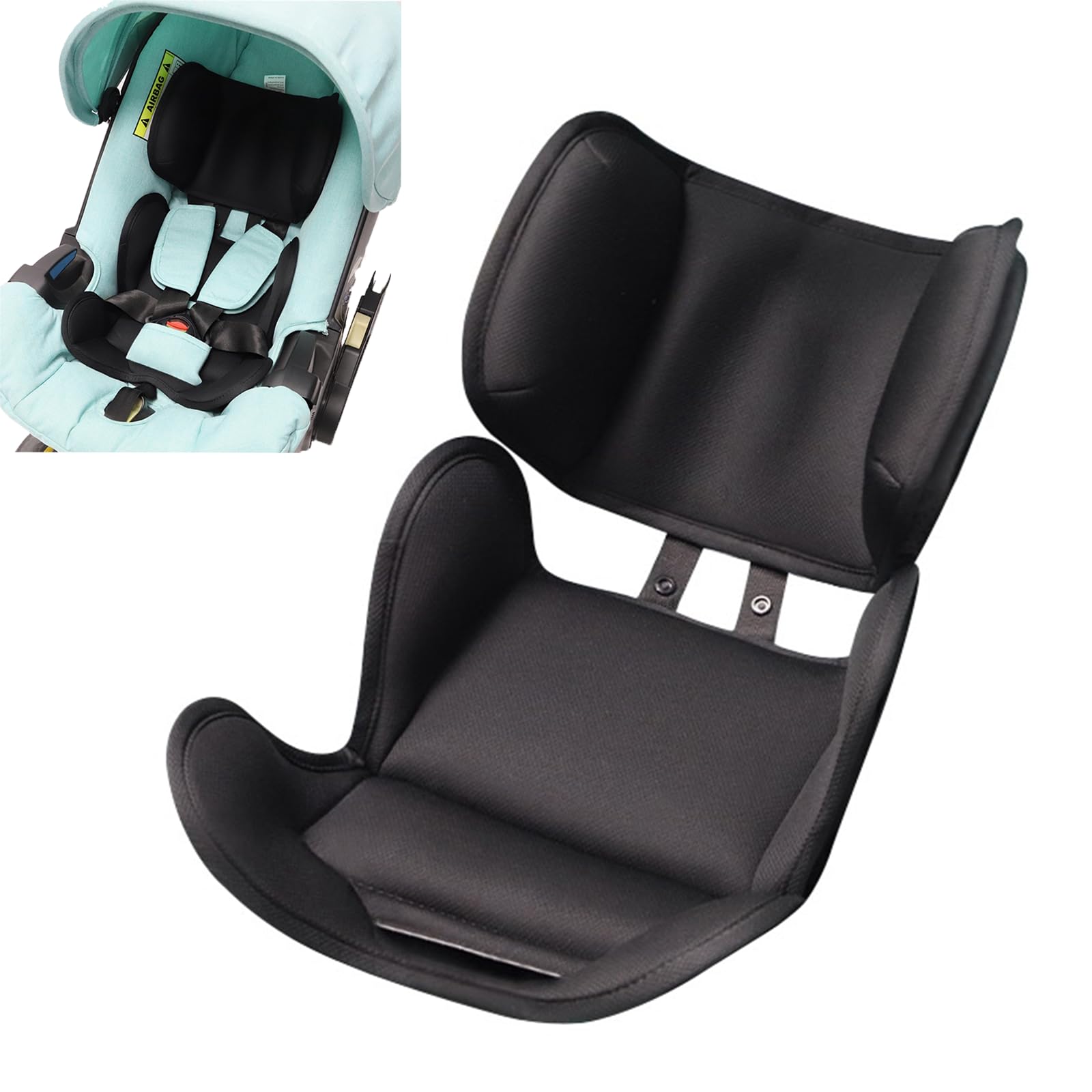 PandaEar stroller pad front view with breathable mesh for cooler, comfortable seated rides.