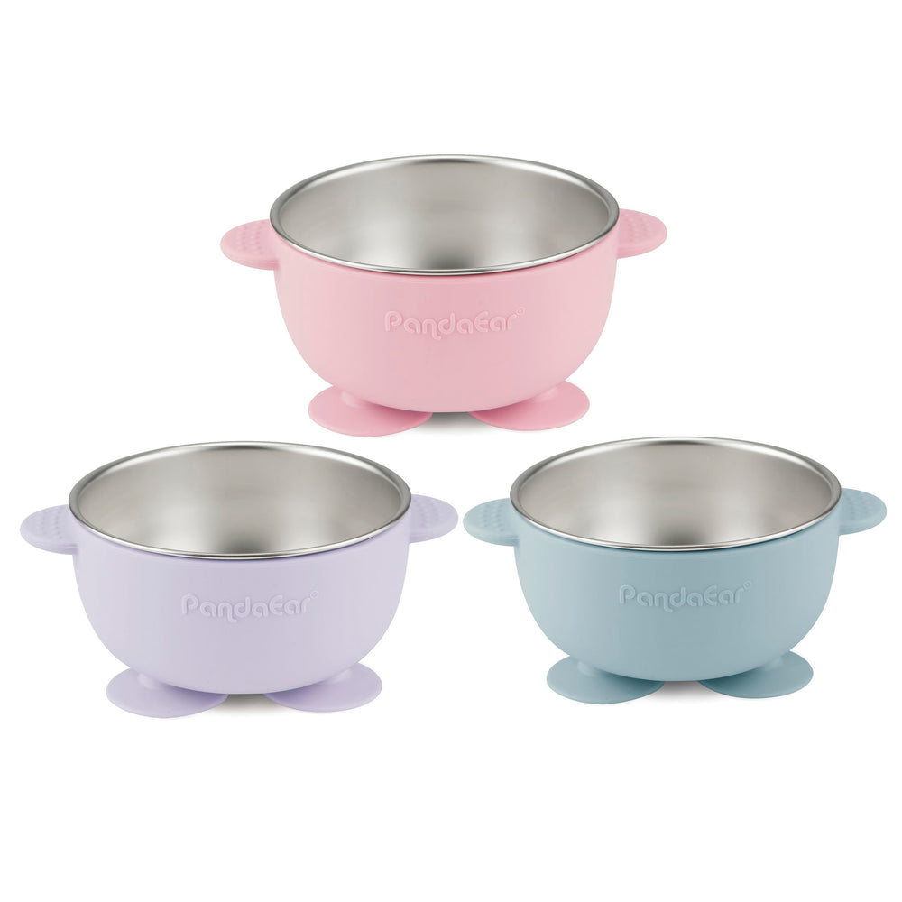 PandaEar suction base bowls on table illustrate slip-resistant grip during self-feeding.