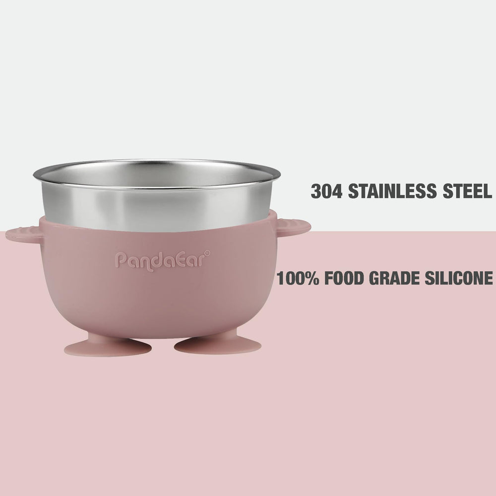 PandaEar suction-base bowls attached to highchair tray enabling self-feeding.