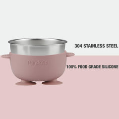 PandaEar suction-base bowls attached to highchair tray enabling self-feeding.