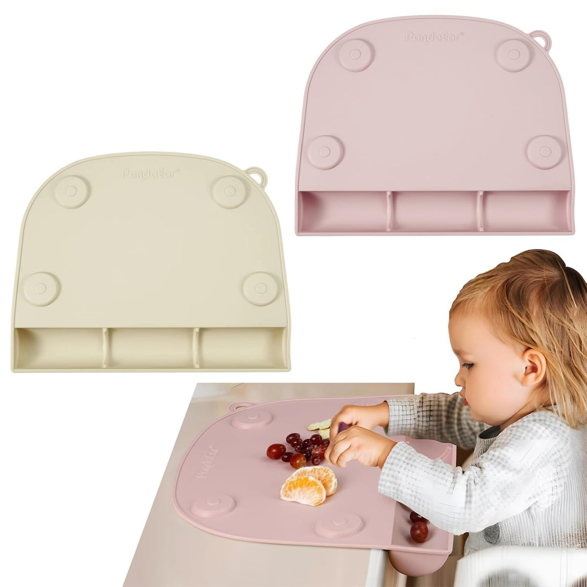 PandaEar suction placemat on table with four cups, catching spills to protect surfaces