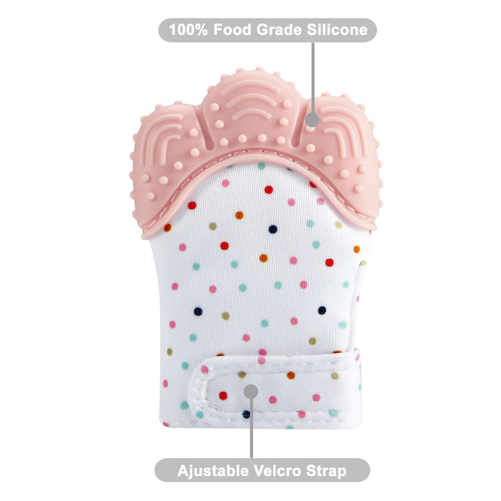 PandaEar teething mitten textured silicone provides gentle gum massage.