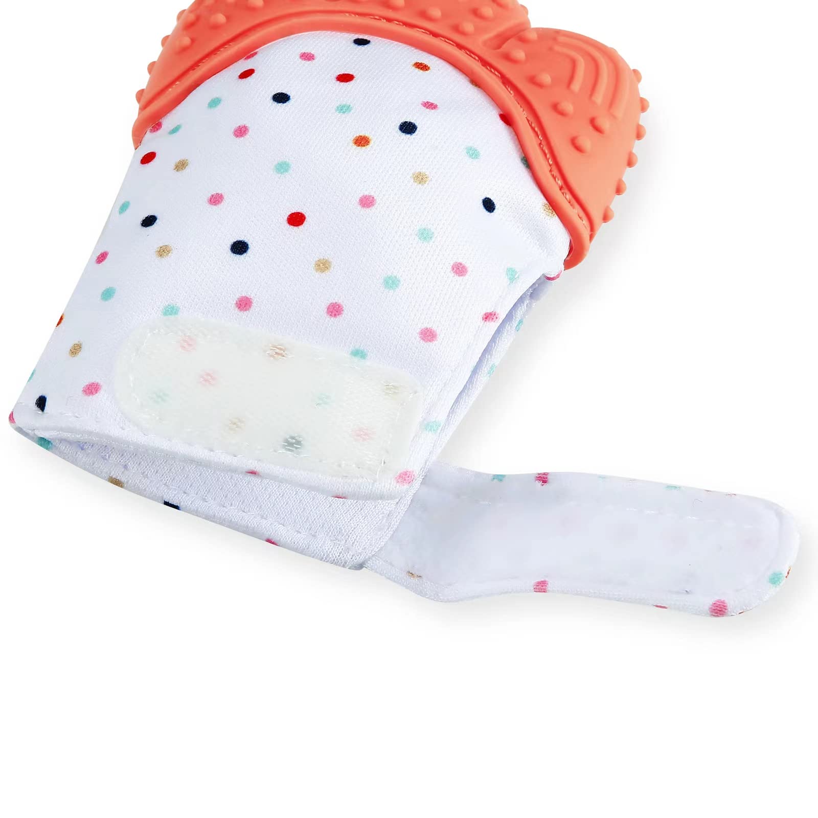 PandaEar teething mitten Velcro closure prevents loss during play.
