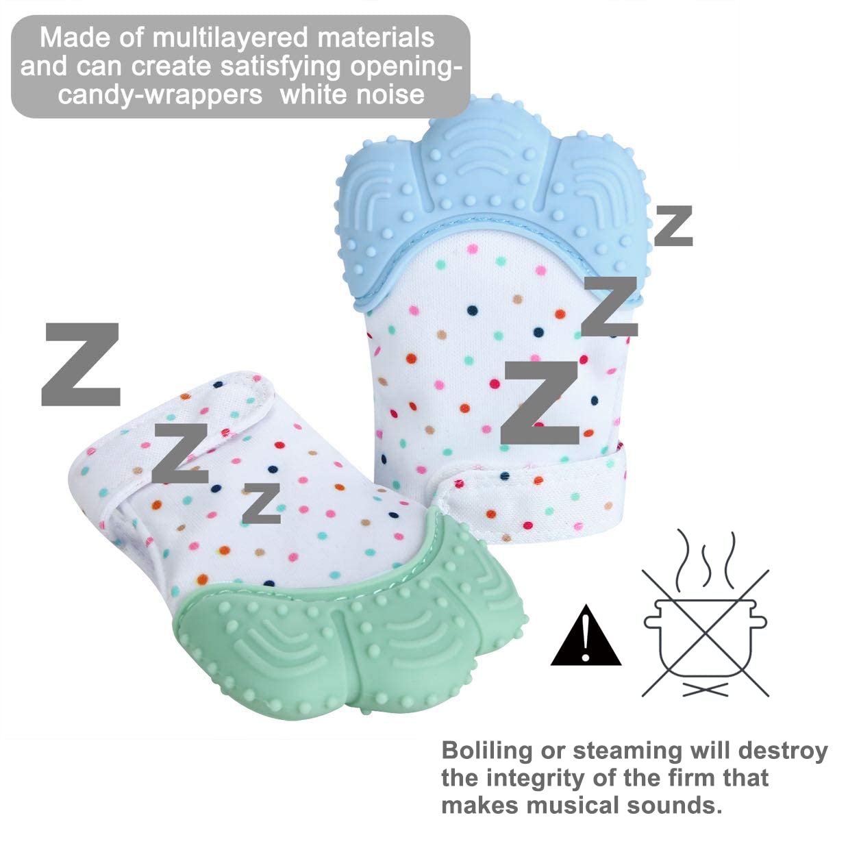 PandaEar two-pack blue-green teething mittens for everyday use