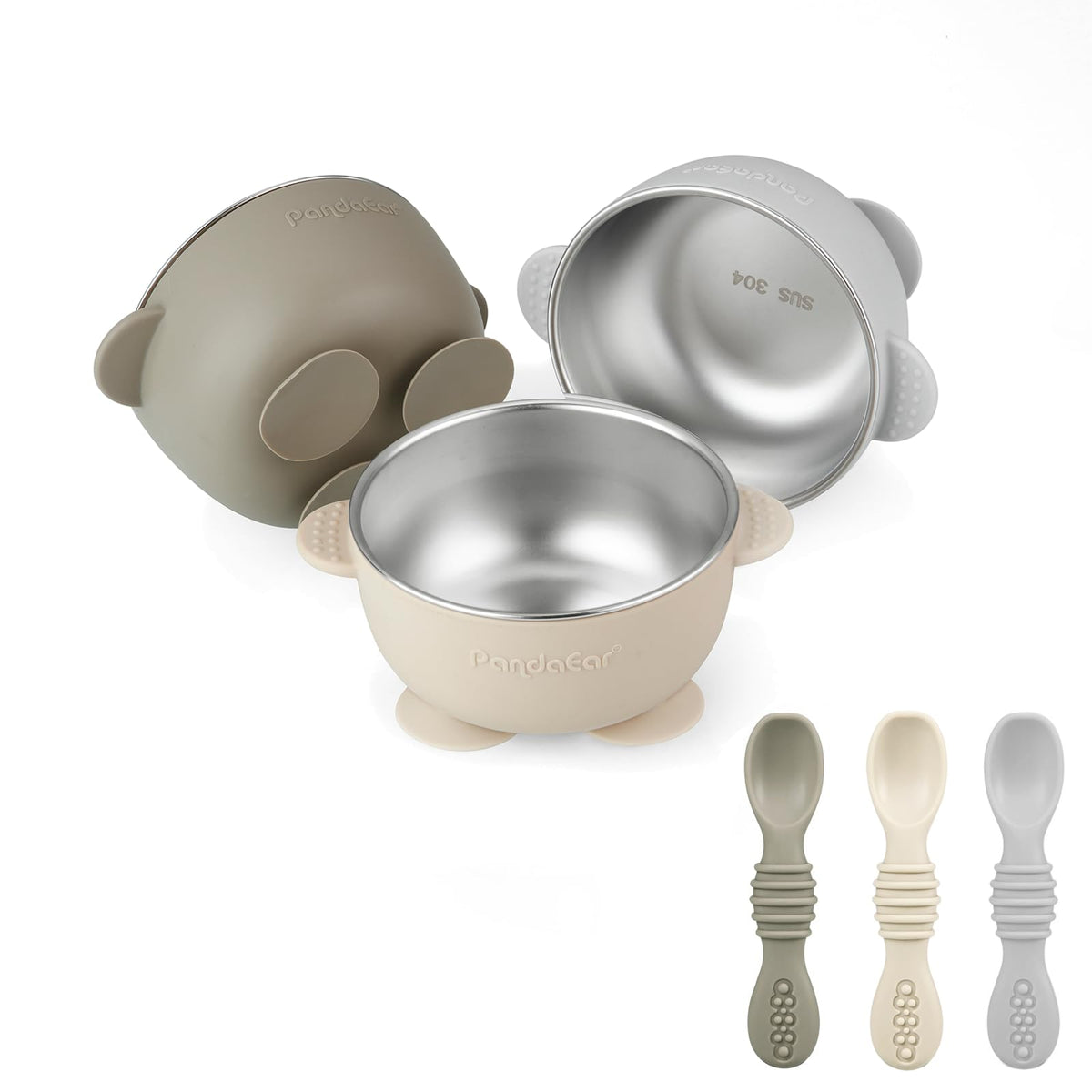 PandaEar triple-suction-bowls secure to a high chair tray for mess-free mealtimes.