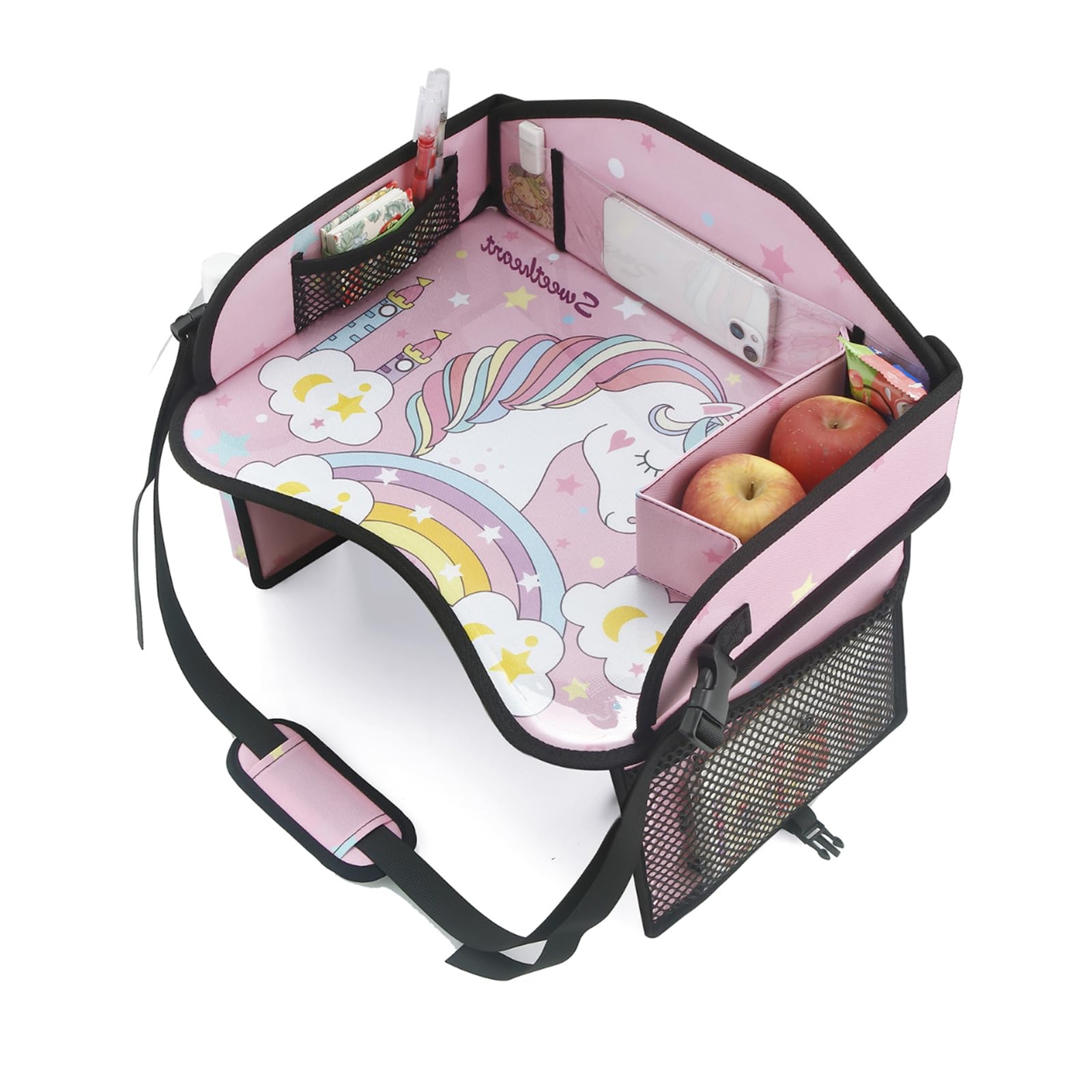 PandaEar Unicorn Travel Tray on car seat, keeping toys and snacks within easy reach.