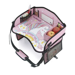 PandaEar Unicorn Travel Tray on car seat, keeping toys and snacks within easy reach.