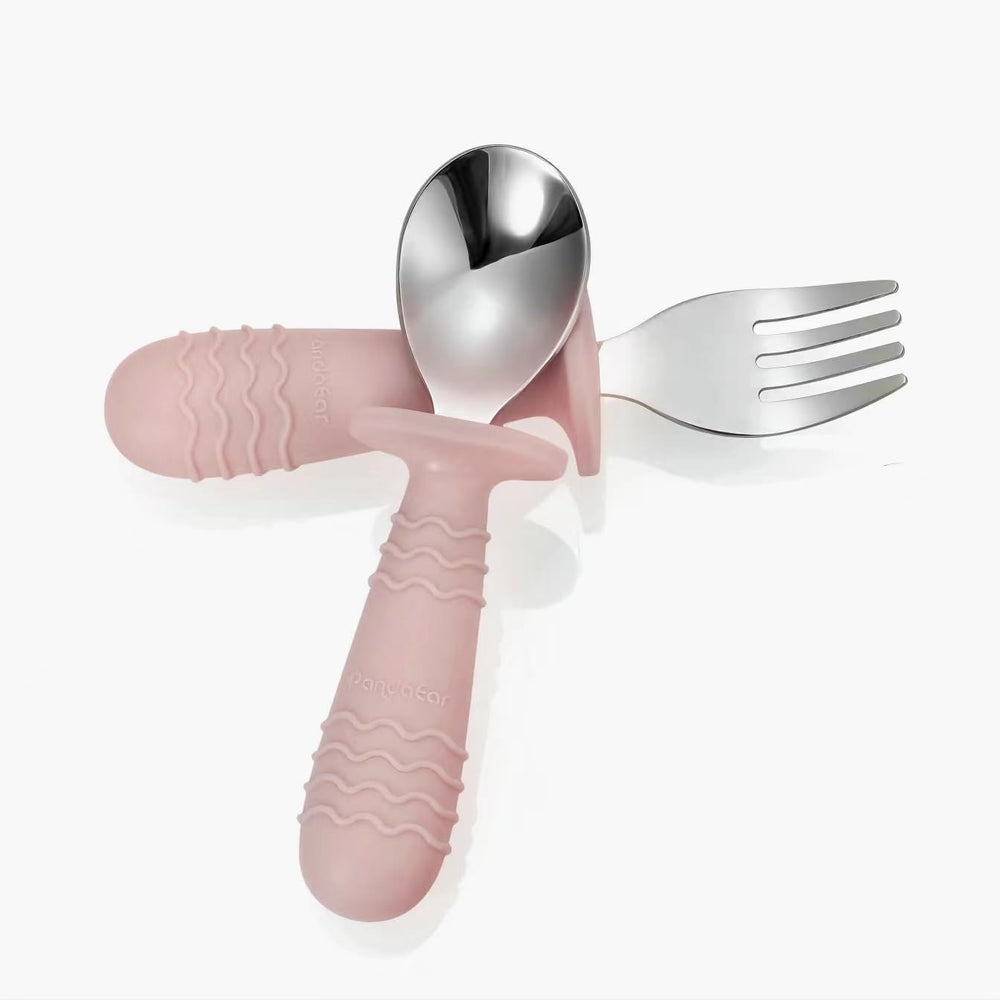 PandaEar pink-grey-design: ergonomic utensils for tiny hands.