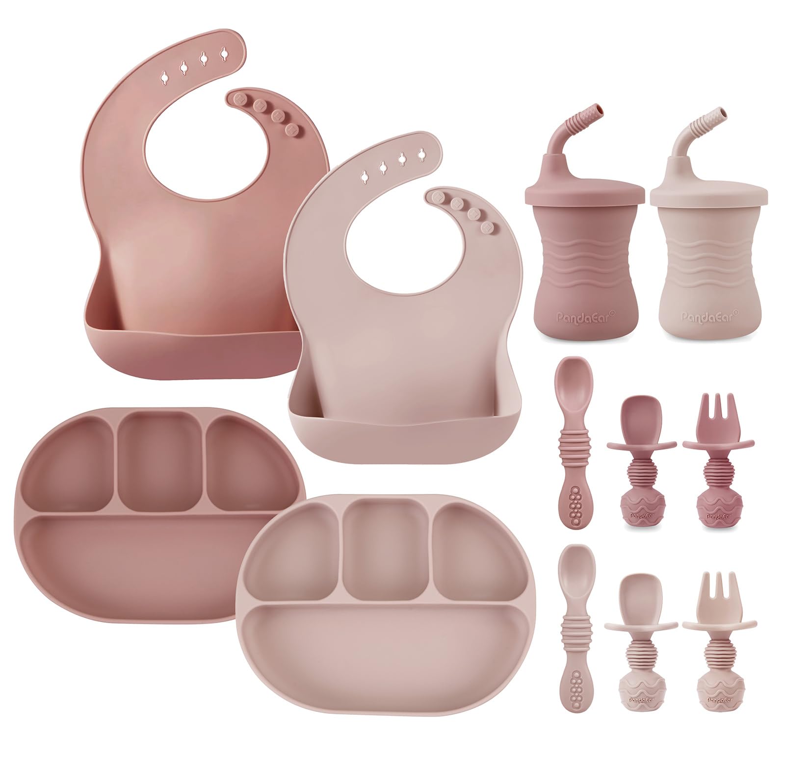 PandaEar 12pc silicone feeding set hero image supports independent self-feeding.