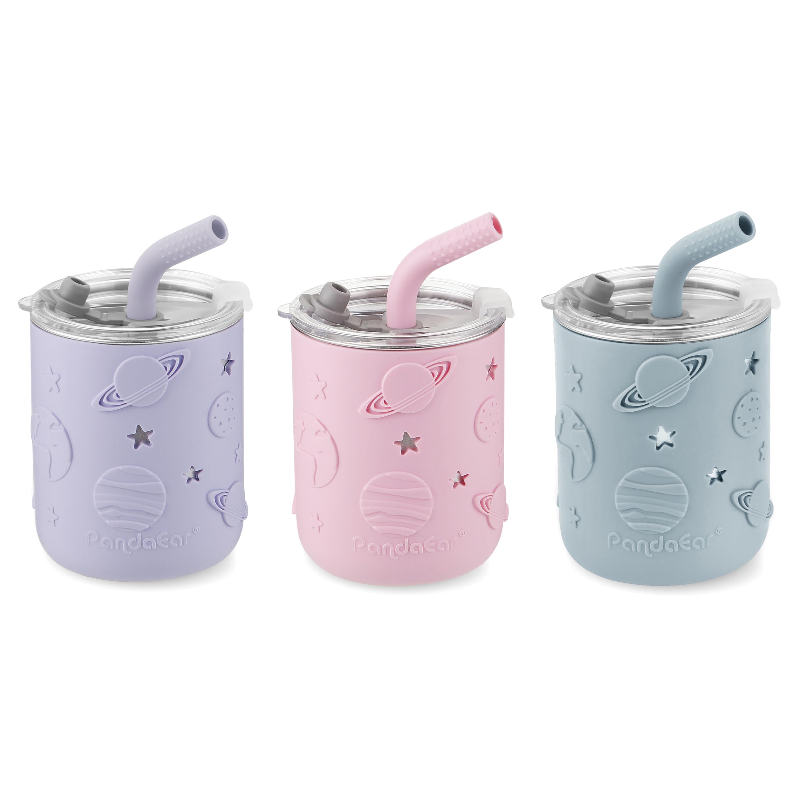 PandaEar toddler cup with pink silicone sleeve offers a comfortable grip for little hands.