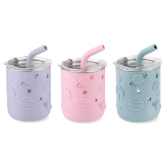 PandaEar toddler cup with pink silicone sleeve offers a comfortable grip for little hands.