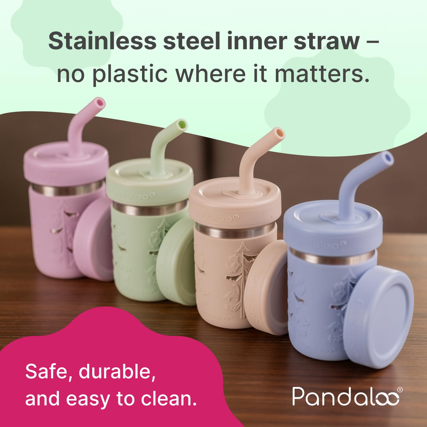 Pandaloo cup shows stainless inner straw reducing plastic contact for safer drinking