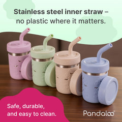 Pandaloo cup shows stainless inner straw reducing plastic contact for safer drinking