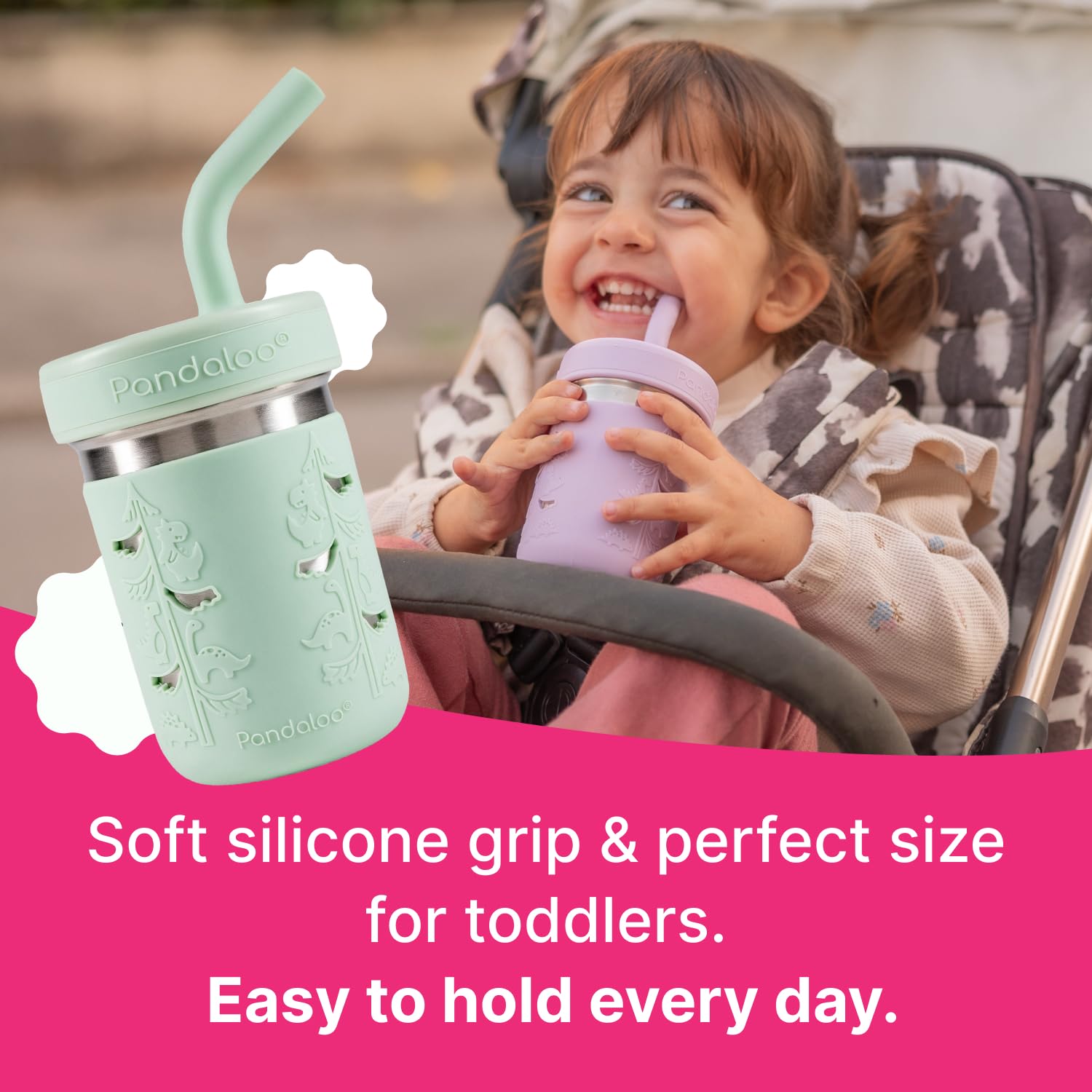 Pandaloo travel-friendly cup fits in bags and cup holders