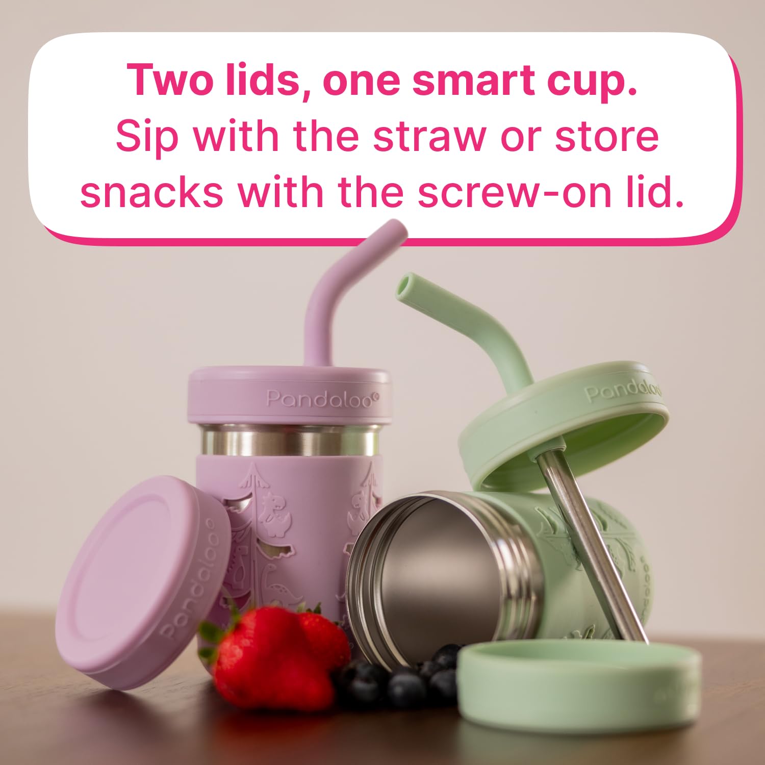 Pandaloo two-lid system switches from drinks to snacks easily
