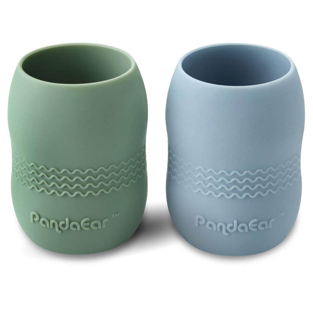 PandaEar 2 Pack tiny silicone cups in blue-green front view with easy-grip for toddlers