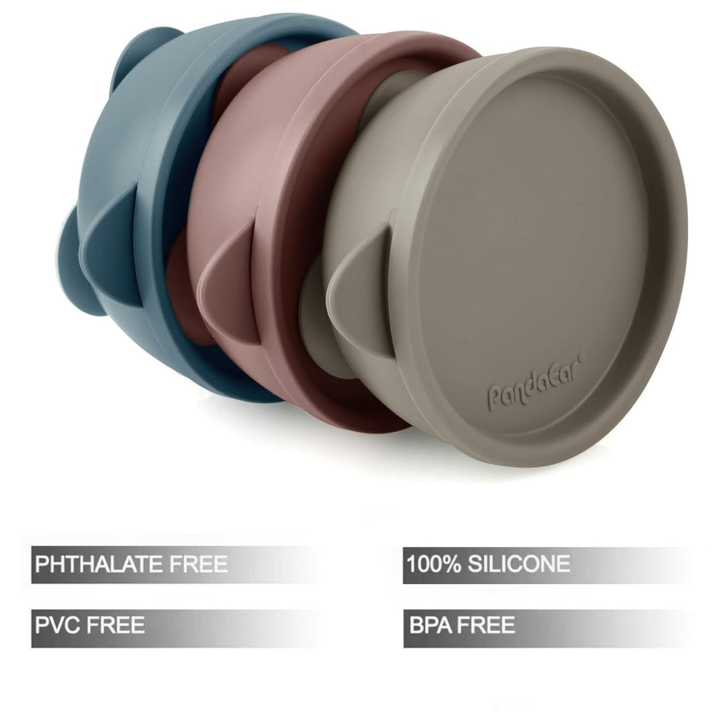 PandaEar brown suction bowls with lids preventing spills during feeding
