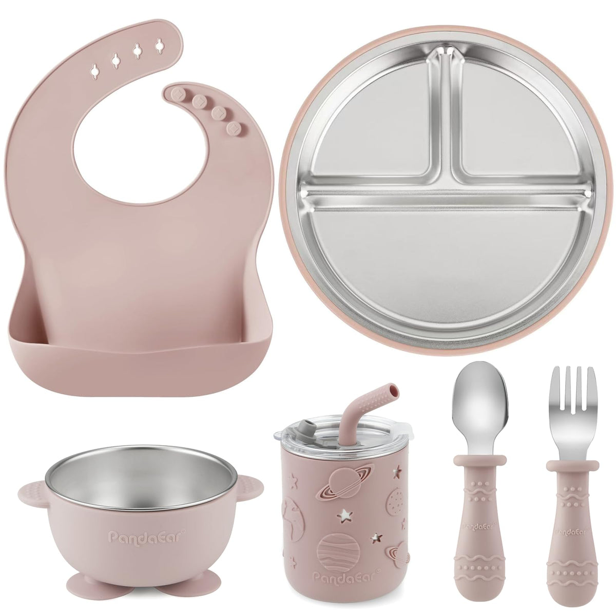 PandaEar 6-in-1 divided suction plate keeps meals steady for self-feeding.