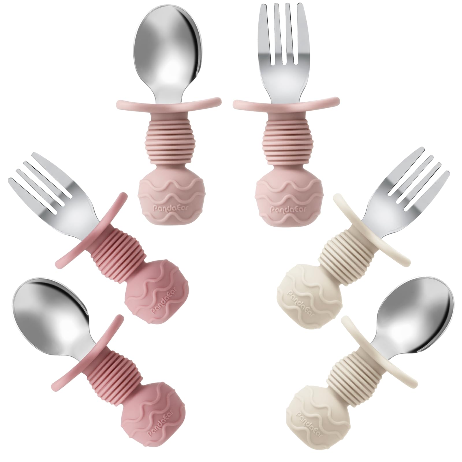 PandaEar 6pack spoons and forks set in stainless steel with silicone tips for safe feeding.