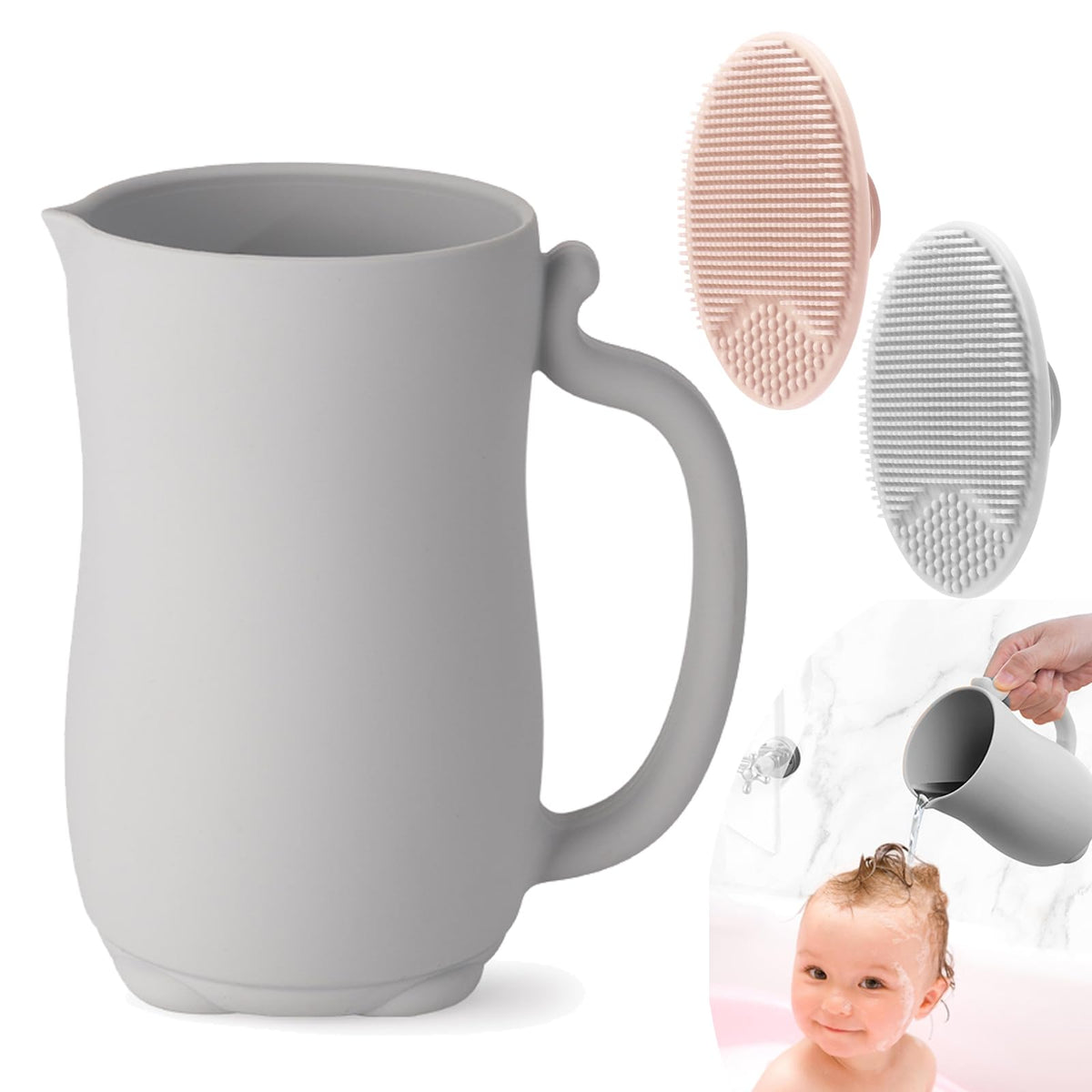 PandaEar baby bath rinse cup grey close-up shows soft silicone texture for gentle rinsing.
