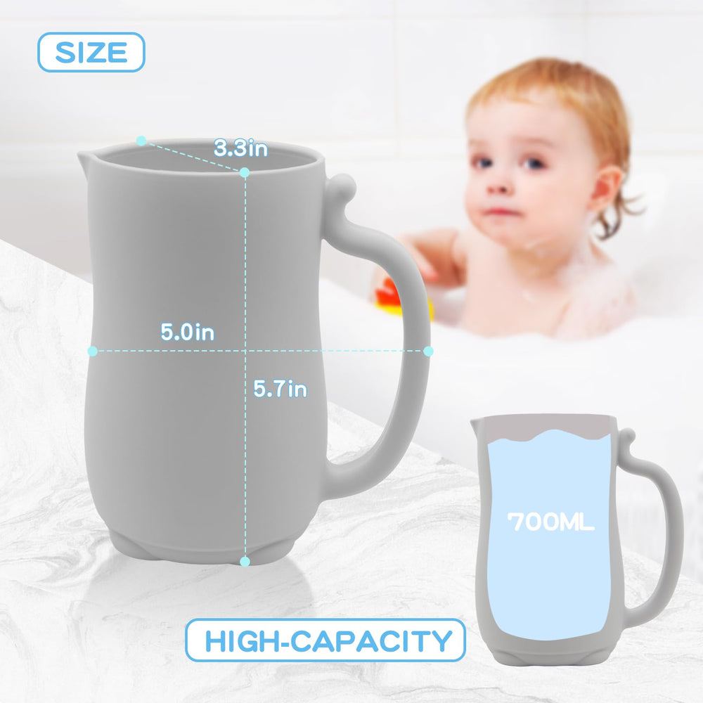 PandaEar silicone rinser in use with flowing water delivers comfortable bath rinse.
