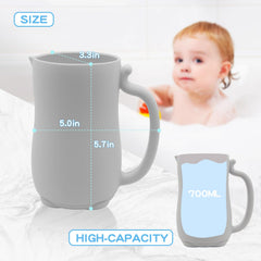 PandaEar silicone rinser in use with flowing water delivers comfortable bath rinse.