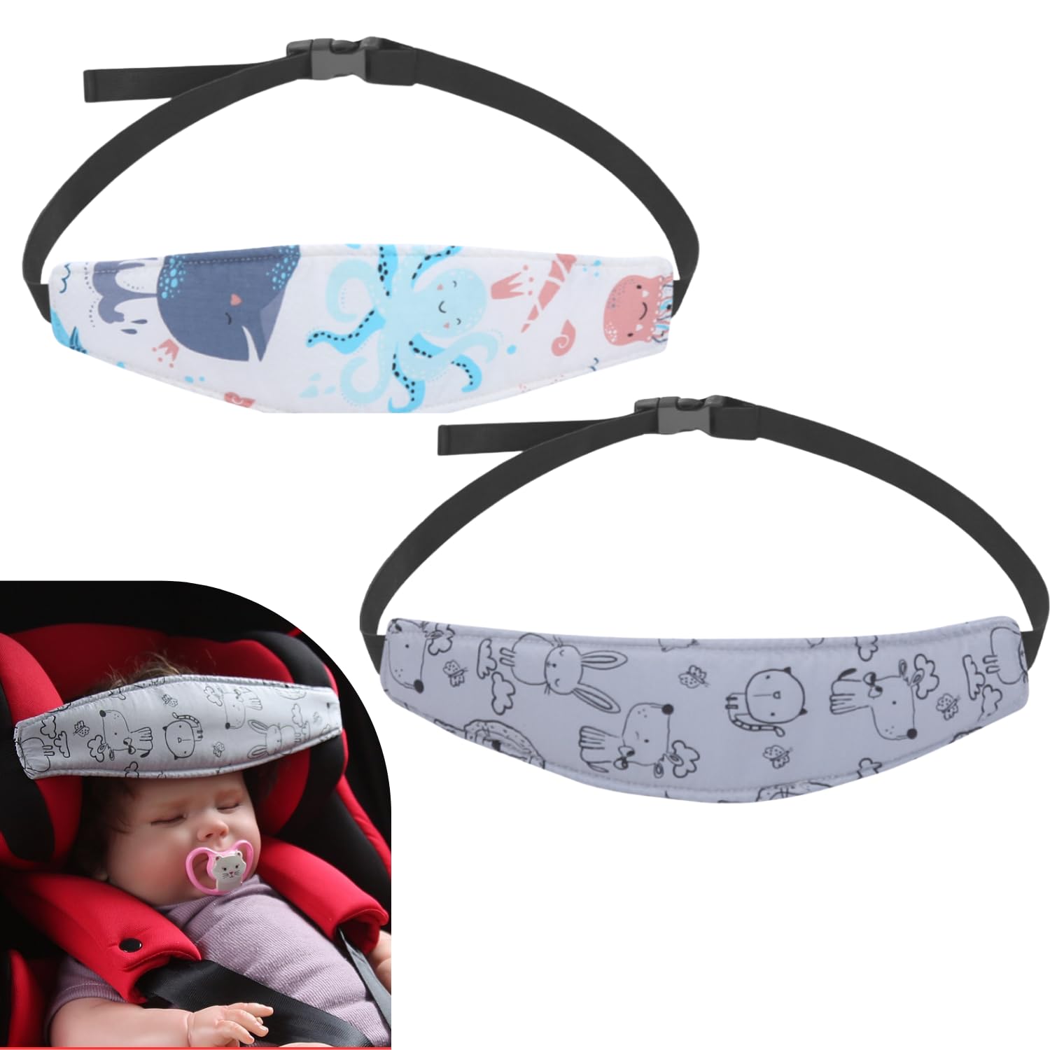 PandaEar two-pack headrests with playful patterns enhance stroller and car-seat comfort during travel.