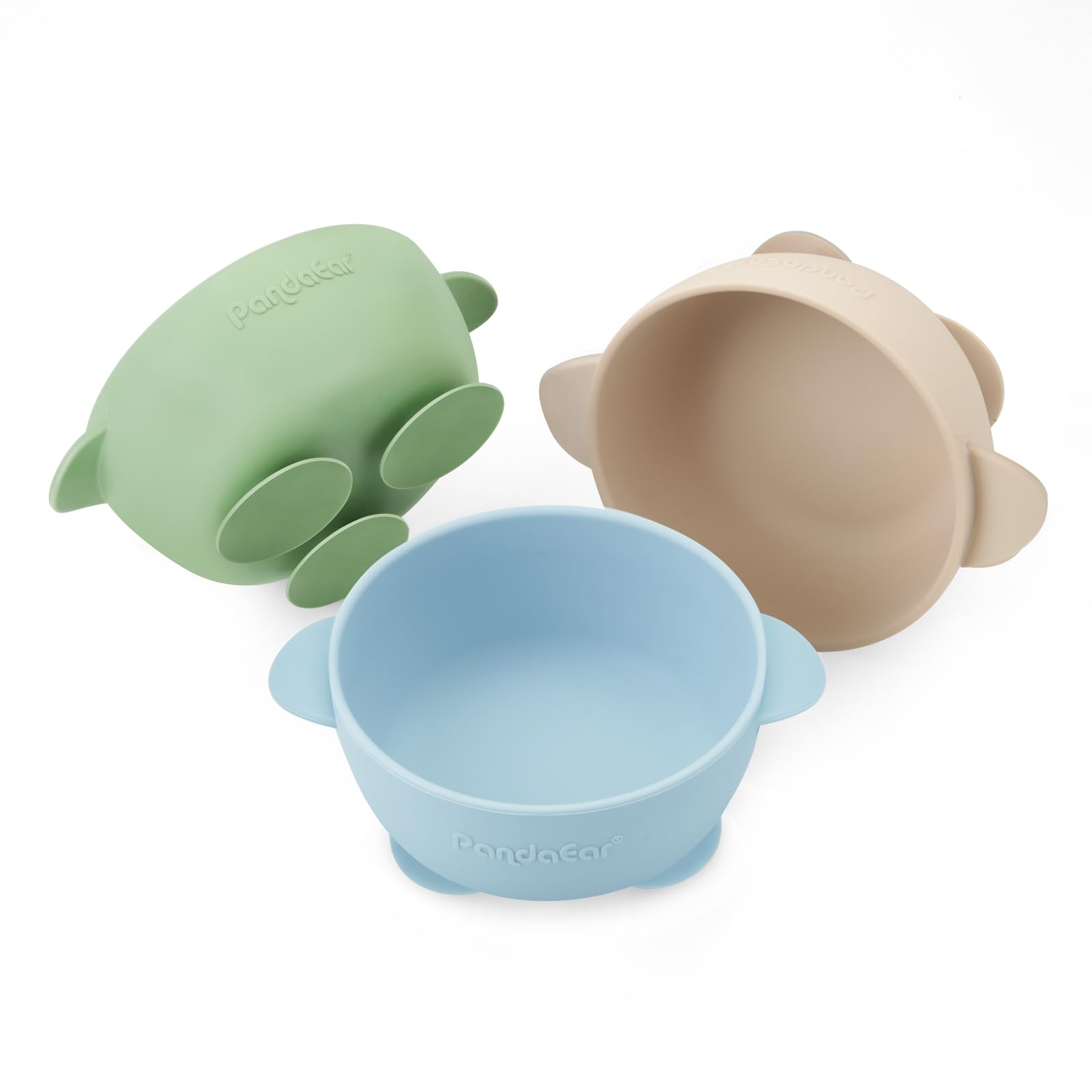 PandaEar baby suction bowl blue close-up shows triple suction for non-slip meals