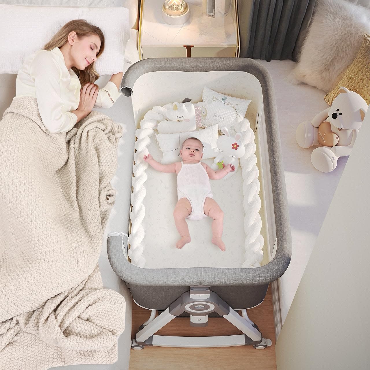 PandaEar bassinet wheels with locking brakes allow smooth, secure room-to-room mobility