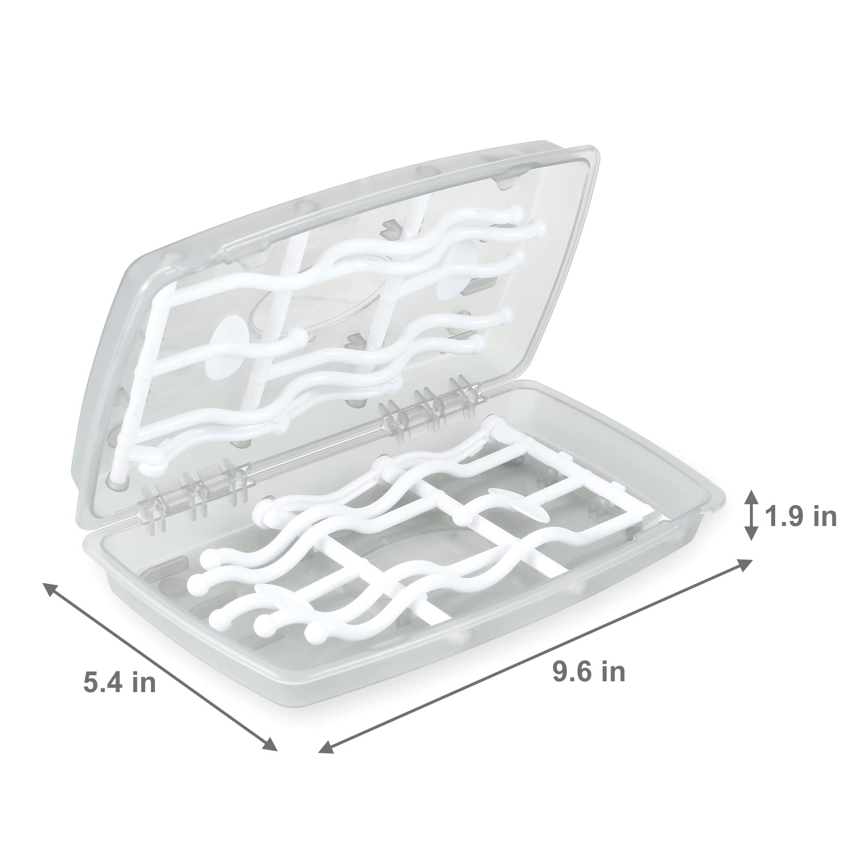 PandaEar bottle teats and lids dry on rack for hygienic air circulation.