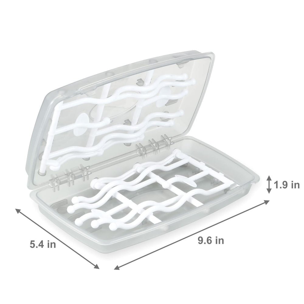 PandaEar bottle teats and lids dry on rack for hygienic air circulation.